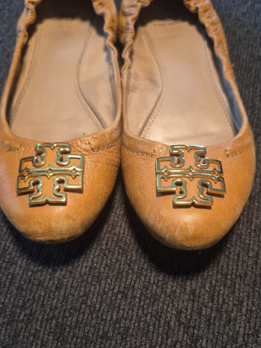 Tory Burch Caramel Leather Ballet Flats with Gold Logo